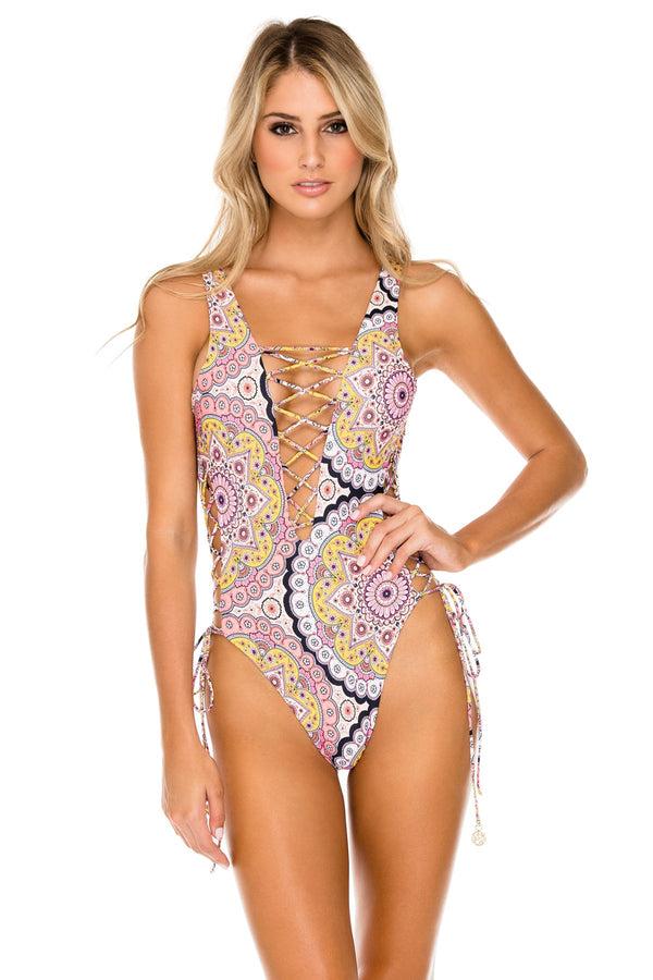 luli fama Alhambra Open Side One-Piece Bodysuit Swimwear - Coral – Luli Fama