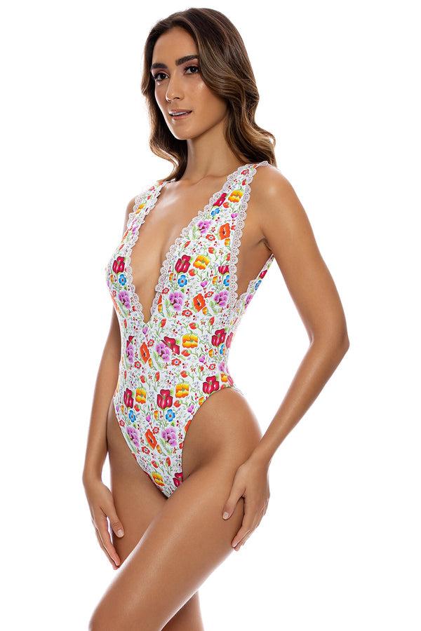 Luli Fama AMOR Y PLAYA - Deep V Bodysuit • White – Luli Fama