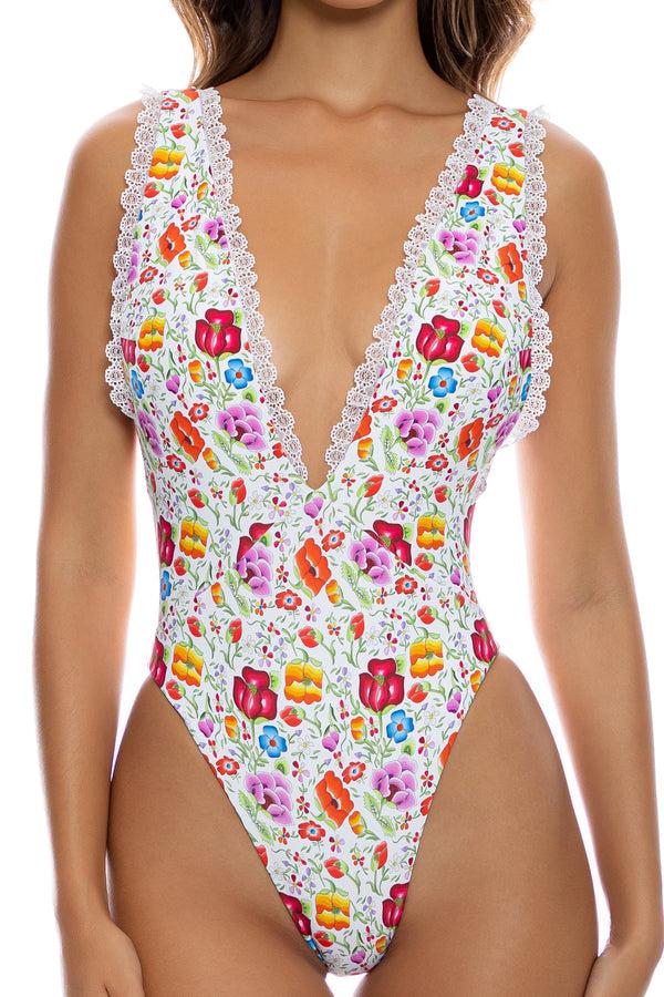 Luli Fama AMOR Y PLAYA - Deep V Bodysuit • White – Luli Fama