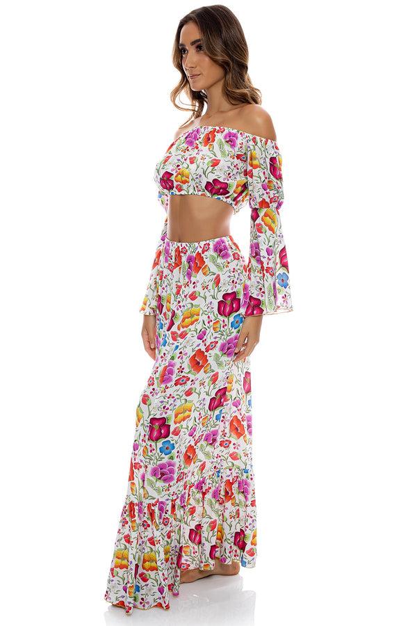 Luli Fama AMOR Y PLAYA - Off The Shoulder Flre Sleeve Top & Ruffle Hem Maxi Skir – Luli Fama