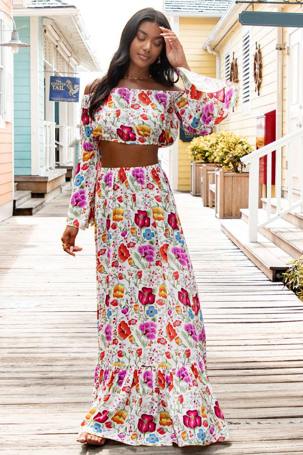 luli fama AMOR Y PLAYA - Off The Shoulder Flre Sleeve Top & Ruffle Hem Maxi Skir – Luli Fama