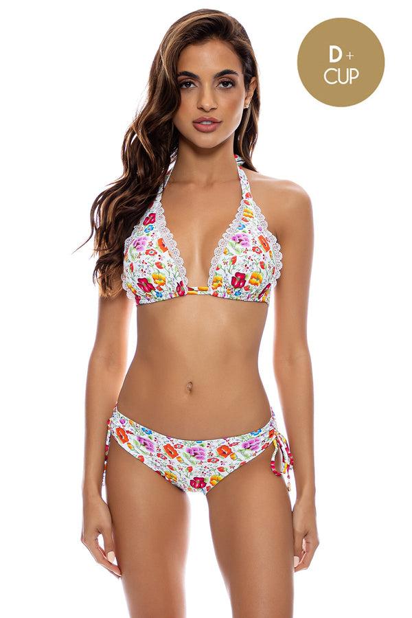 luli fama AMOR Y PLAYA - Triangle Halter Top & Drawstring Side Full Bottom • Whi – Luli Fama