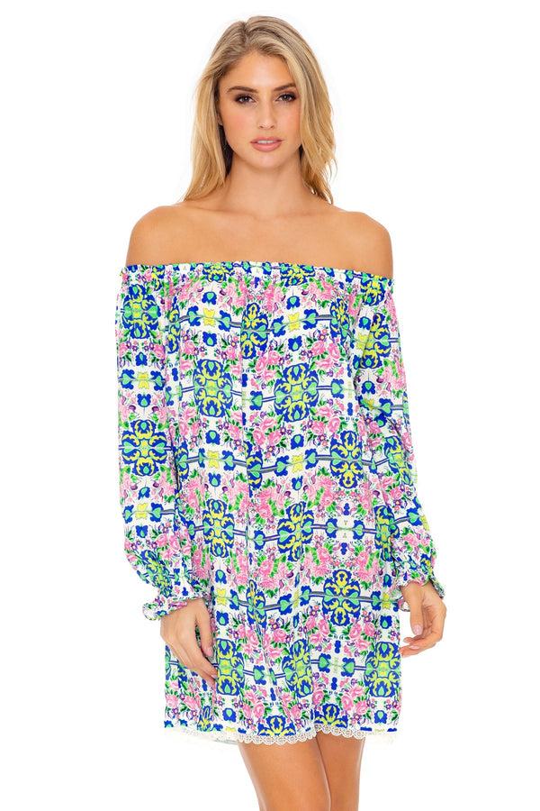 luli fama Angel Face Cuffed Bell Sleeve Dress - Multicolor Print – Luli Fama