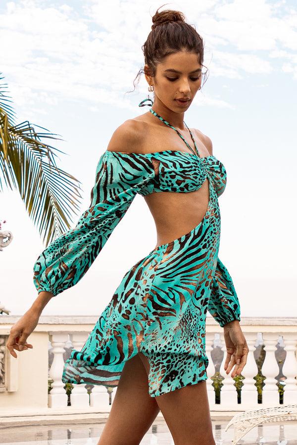 Luli Fama ANIMALE - Long Sleeve Cut Out Short Dress • Aqua – Luli Fama