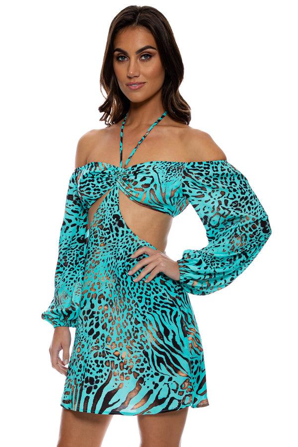 Luli Fama ANIMALE - Long Sleeve Cut Out Short Dress • Aqua – Luli Fama