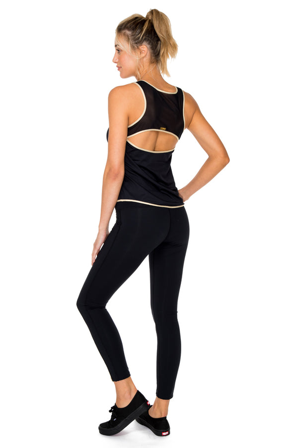 Luli Fama BARACOA - Gold Mesh Racerback Tank Top & Gold Cut Out Legging • Black – Luli Fama
