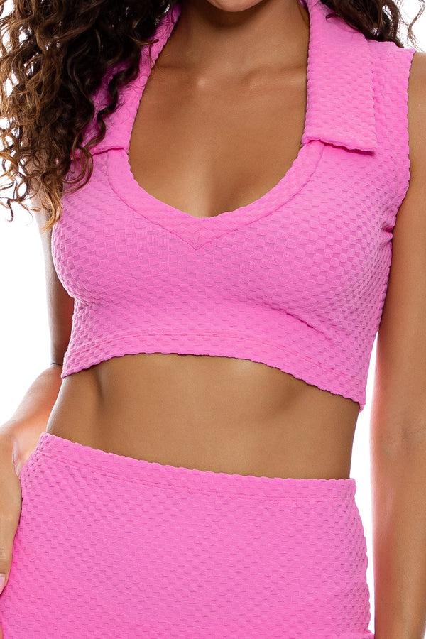 Luli Fama BEACH FUZZ - Deep V Polo Crop Top & Side Slit Skirt • Bubble Gum – Luli Fama