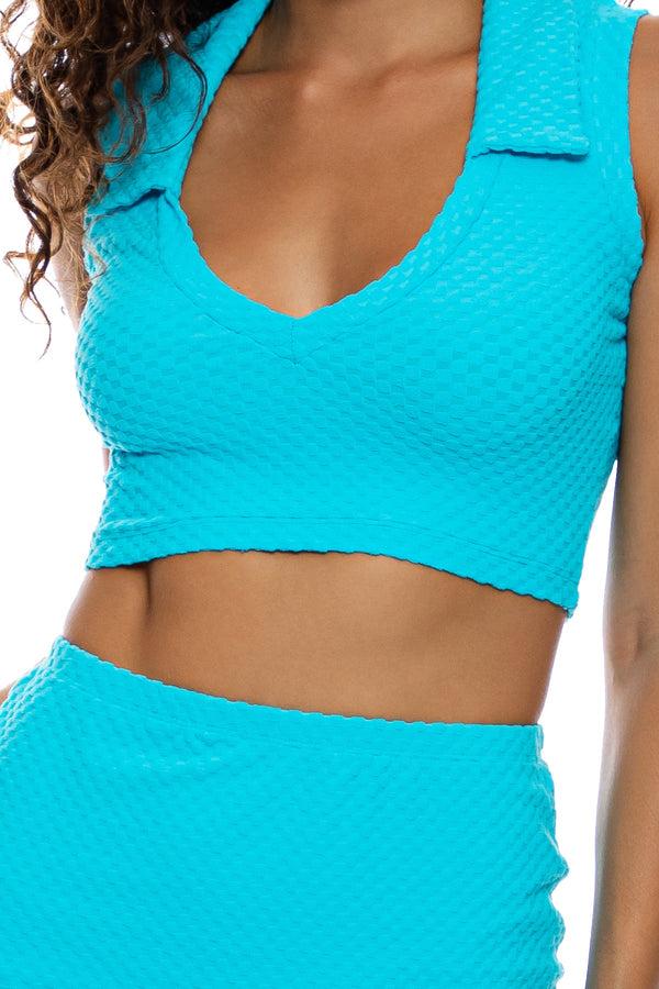 Luli Fama BEACH FUZZ - Deep V Polo Crop Top & Side Slit Skirt • Daydream Blue – Luli Fama