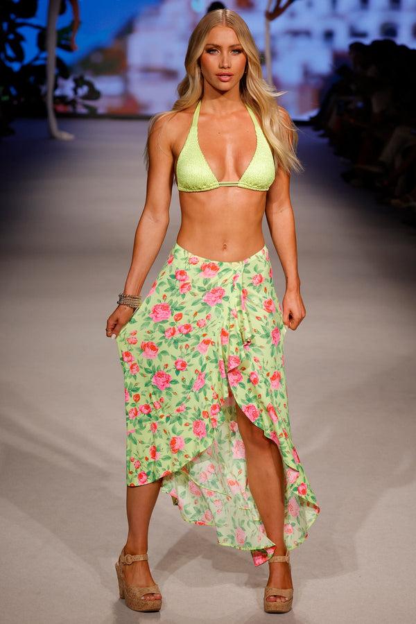 luli fama BELLA - Triangle Halter Top & Ruffle High Lo Slit Skirt • Shiny Neon Y – Luli Fama