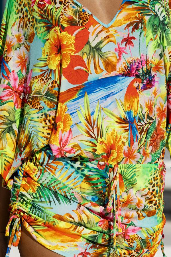 Luli Fama BIRDS OF PARADISE Cabana V Neck Short Dress - Multicolor – Luli Fama