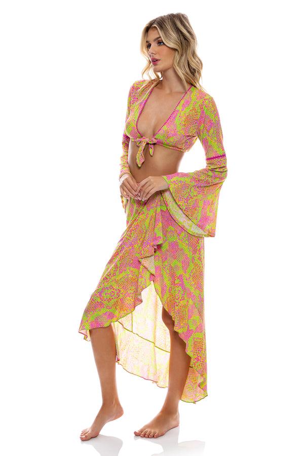 Luli Fama BORN TO BE WILD - Bell Sleeve Crop Top & Ruffle High Lo Slit Skirt • M – Luli Fama