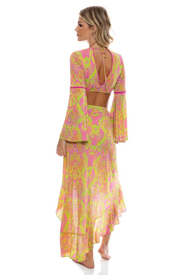 Luli Fama BORN TO BE WILD - Bell Sleeve Crop Top & Ruffle High Lo Slit Skirt • M – Luli Fama