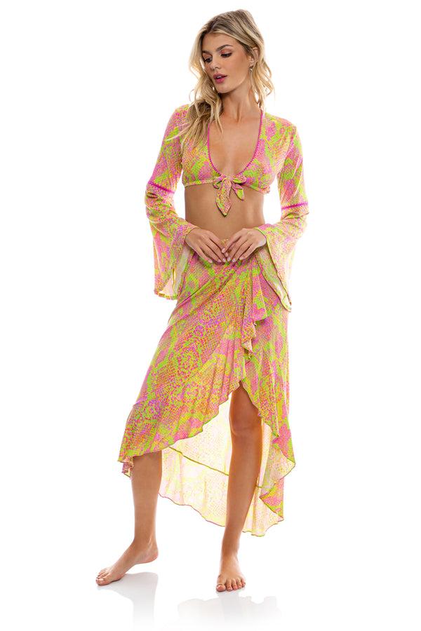 luli fama BORN TO BE WILD - Bell Sleeve Crop Top & Ruffle High Lo Slit Skirt • M – Luli Fama