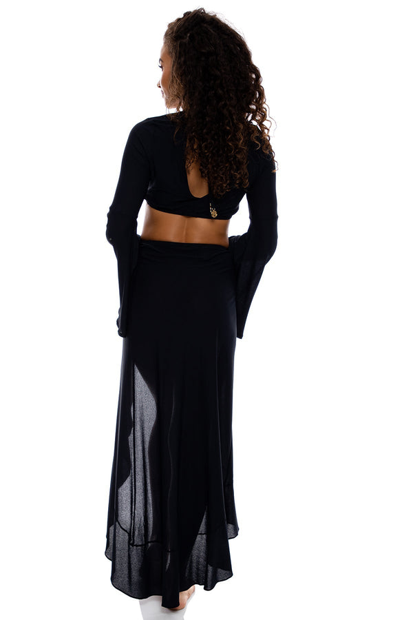 Luli Fama COSITA BUENA - Bell Sleeve Crop Top & Ruffle High Lo Slit Skirt • Blac – Luli Fama
