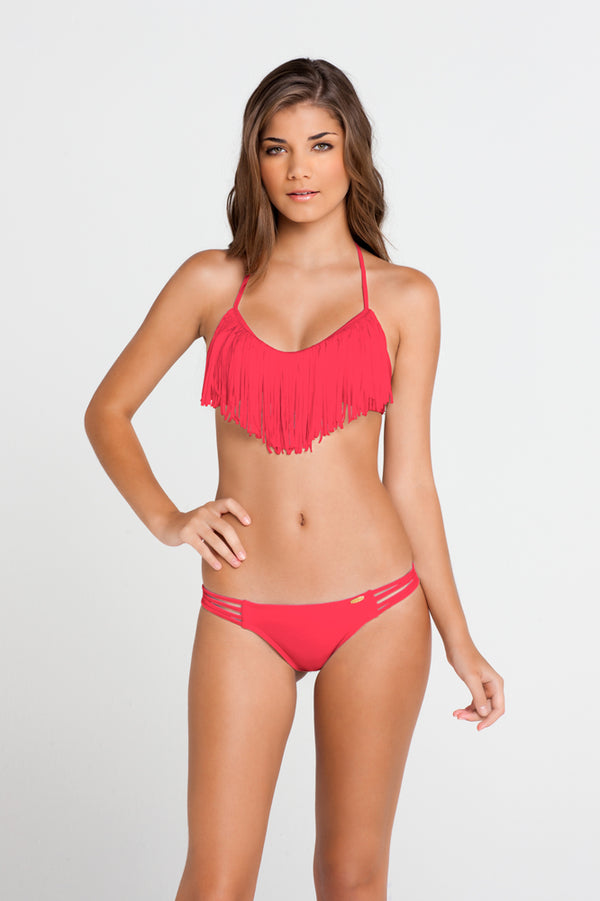 luli fama Cosita Buena Fringe Bikini Top & Strappy Brazilian Bottom - Neon Red – Luli Fama
