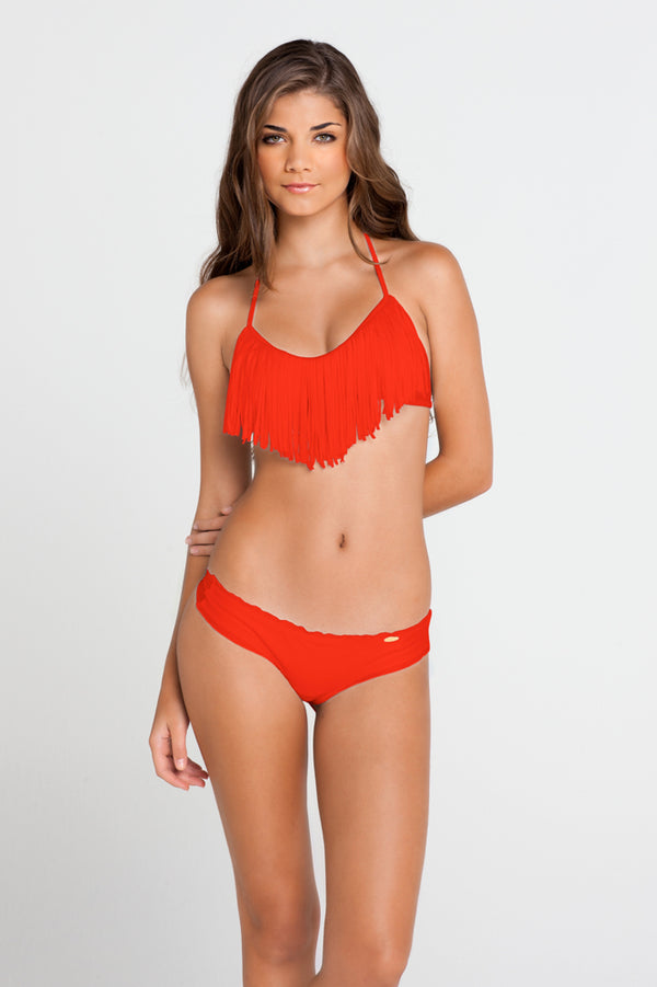luli fama Cosita Buena Fringe Bikini Top & Wavy Brazilian Bottom - Red Orange – Luli Fama