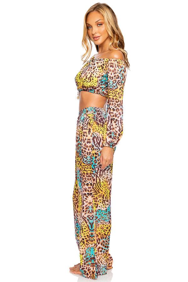 Luli Fama Diosa Salvaje Multicolor Crop Top And Flare Bottom Pants – Luli Fama