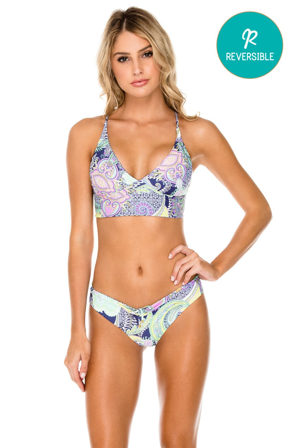 luli fama Dynasty Halter Cross-Back Bustier Top & Ruched Brazilian Bottom – Luli Fama