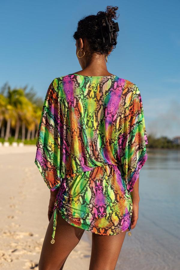 Luli Fama ELECTRIC SKIN - Cabana V Neck Dress • Multi Neon – Luli Fama