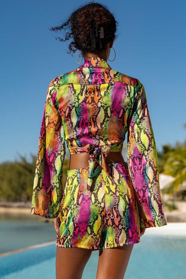 Luli Fama ELECTRIC SKIN - Cropped Tie Shirt & Skort • Multi Neon – Luli Fama