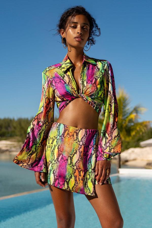 luli fama ELECTRIC SKIN - Cropped Tie Shirt & Skort • Multi Neon – Luli Fama
