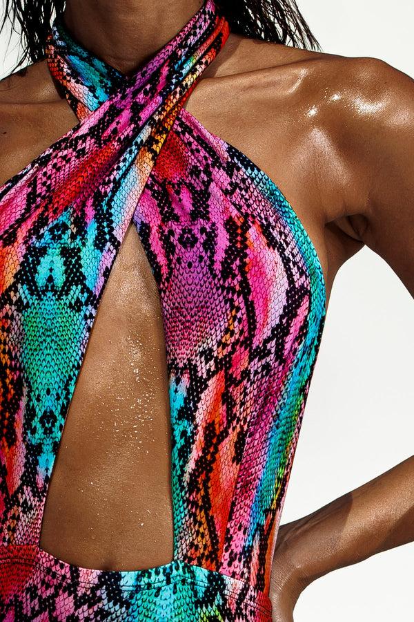 Luli Fama ELECTRIC SKIN - Halter Neck Cut Out Long Dress • Multicolor – Luli Fama