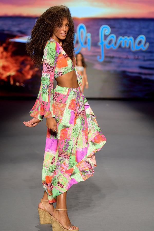 Luli Fama FIERCE SOUL - Bell Sleeve Crop Top & Ruffle High Lo Slit Skirt • Multi – Luli Fama