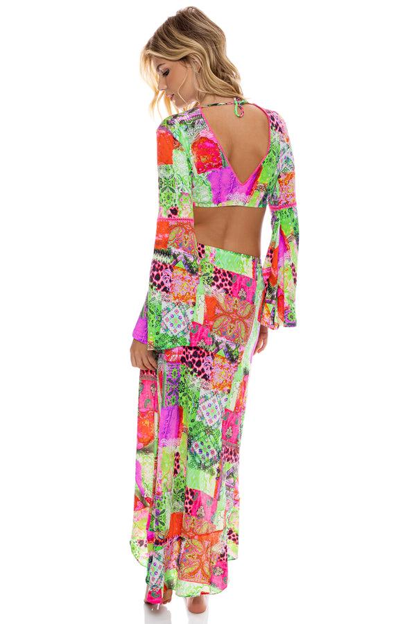 Luli Fama FIERCE SOUL - Bell Sleeve Crop Top & Ruffle High Lo Slit Skirt • Multi – Luli Fama