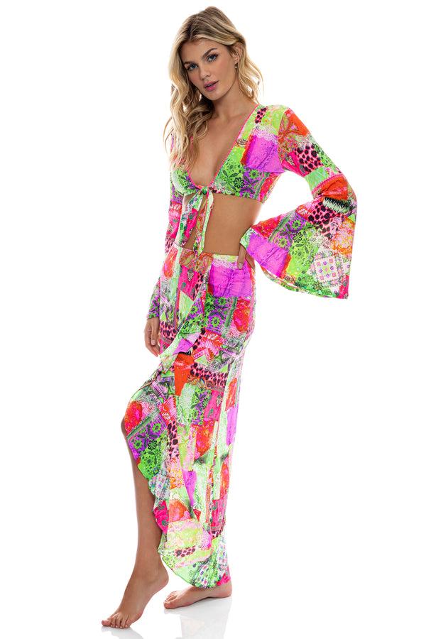 Luli Fama FIERCE SOUL - Bell Sleeve Crop Top & Ruffle High Lo Slit Skirt • Multi – Luli Fama