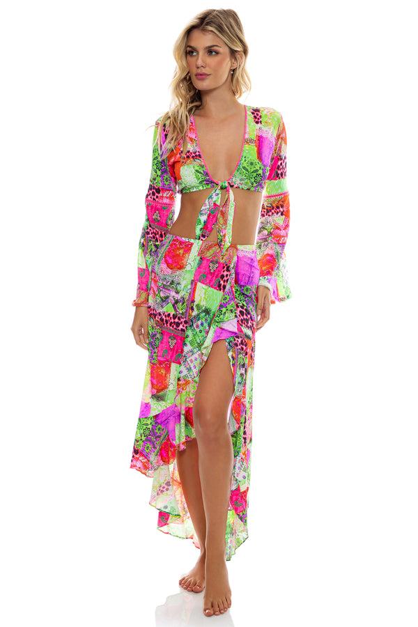 luli fama FIERCE SOUL - Bell Sleeve Crop Top & Ruffle High Lo Slit Skirt • Multi – Luli Fama