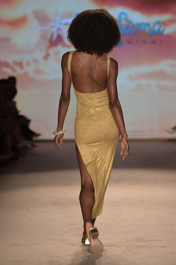 Luli Fama GOLDEN SUNSET - Drawstring Peek A Boo Maxi Dress • Gold Runway – Luli Fama