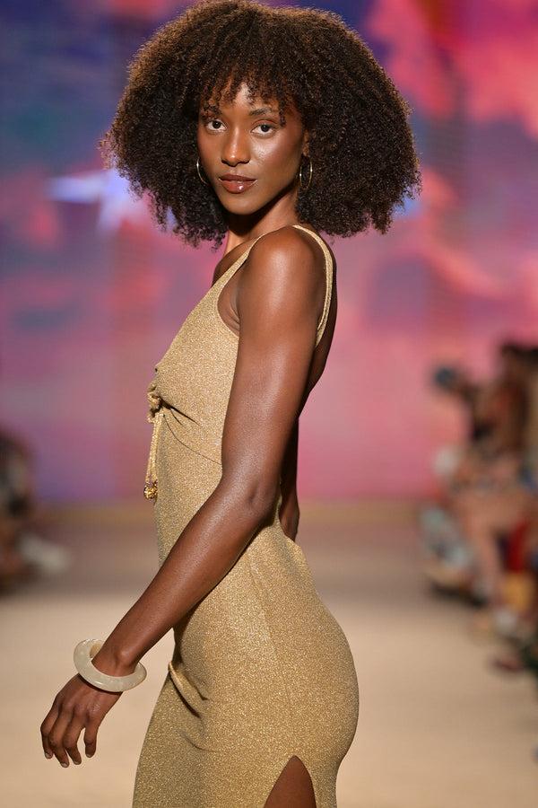 Luli Fama GOLDEN SUNSET - Drawstring Peek A Boo Maxi Dress • Gold Runway – Luli Fama