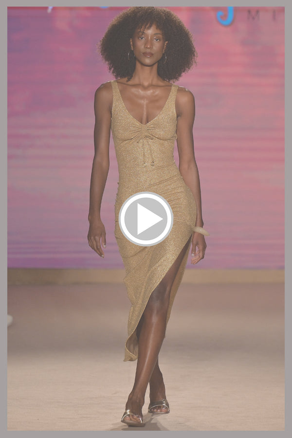 Luli Fama GOLDEN SUNSET - Drawstring Peek A Boo Maxi Dress • Gold Runway – Luli Fama