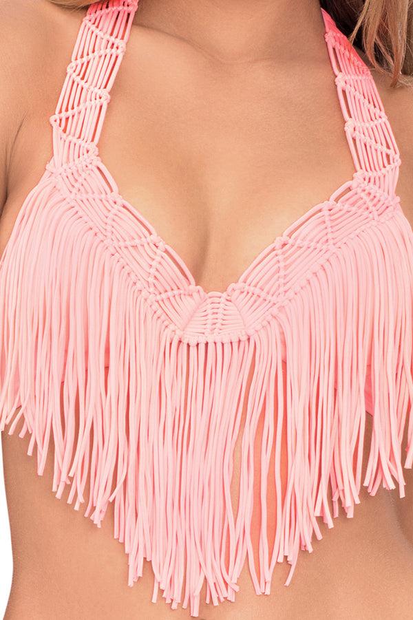 Luli Fama HEART OF A HIPPIE - Weave Fringed Underwire Top & Full Bottom • Pink S – Luli Fama