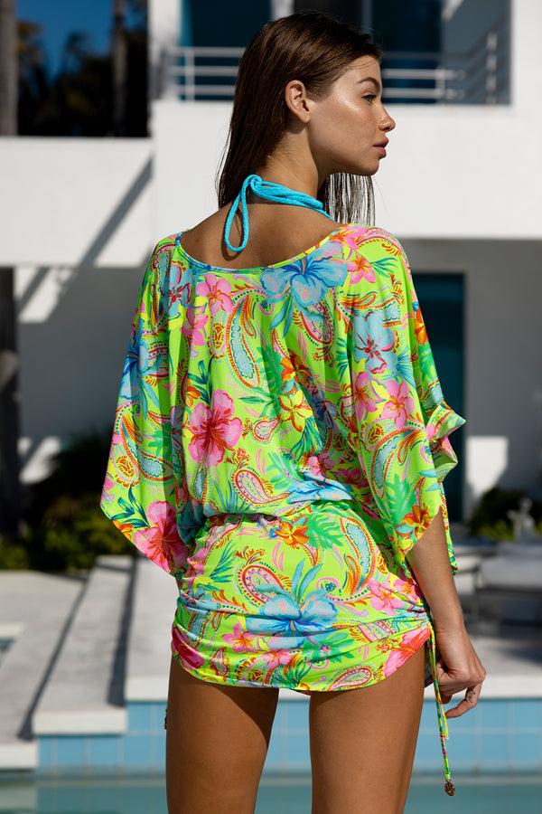 Luli Fama HIBISCUS DREAM - Cabana V Neck Dress • Multicolor – Luli Fama
