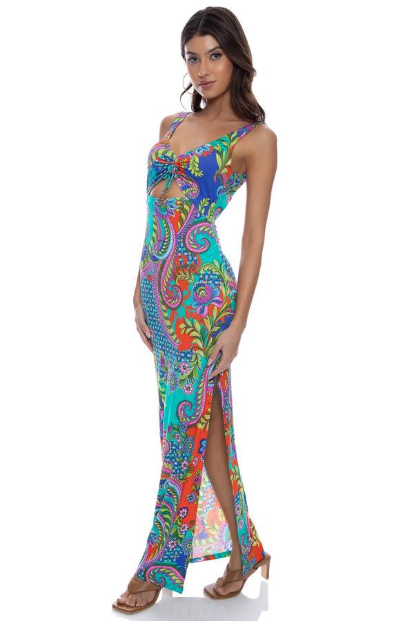 Luli Fama IN THE GROOVE - Drawstring Peek A Boo Maxi Dress • Multicolor – Luli Fama