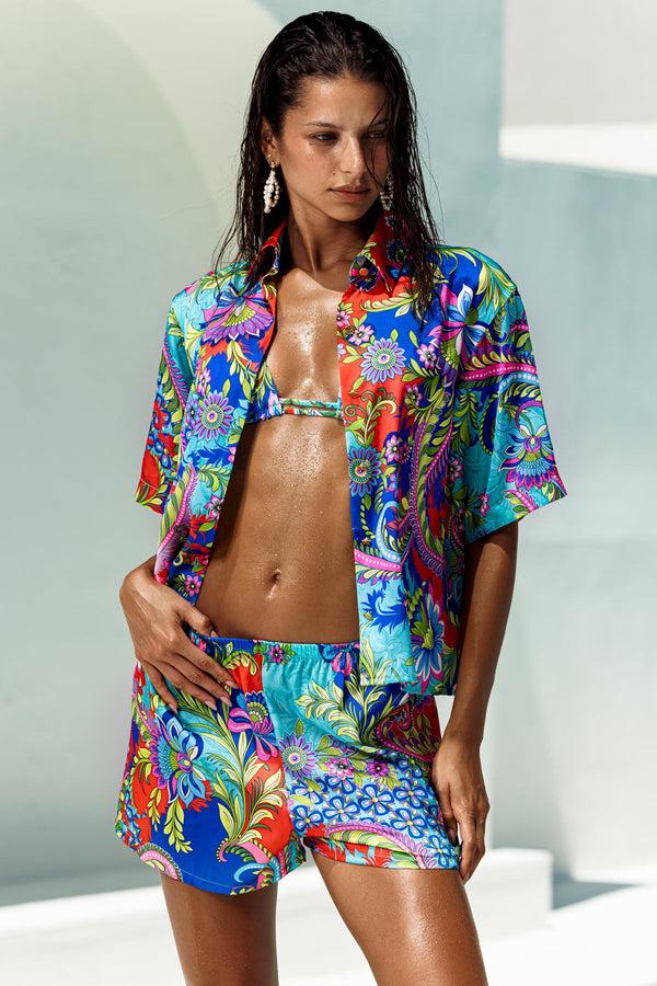 luli fama IN THE GROOVE - Short Sleeve Collared Blouse & Elastic Waistband Short – Luli Fama