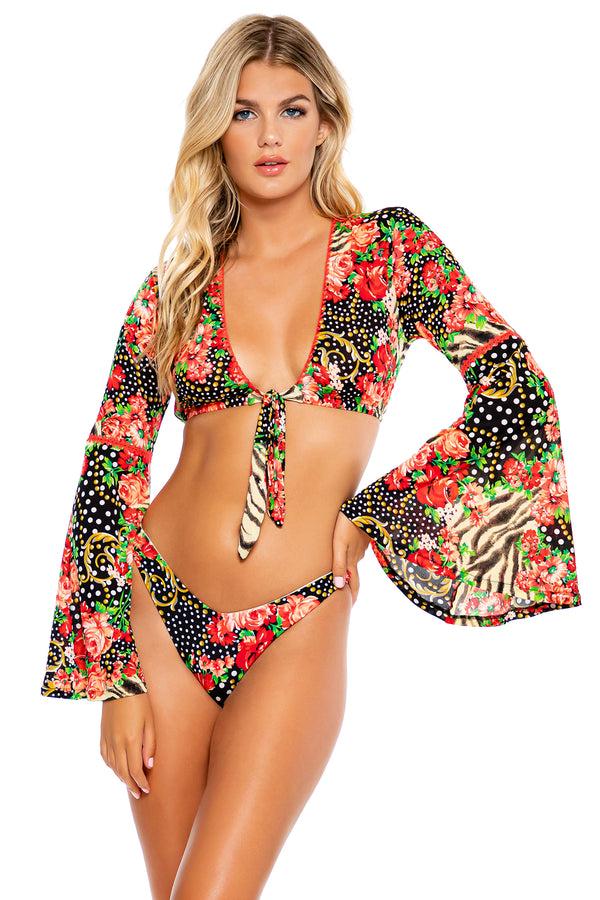 luli fama LA VIDA ES UN CARNAVAL - Stitched Bell Sleeve Crop Top & High Leg Bott – Luli Fama