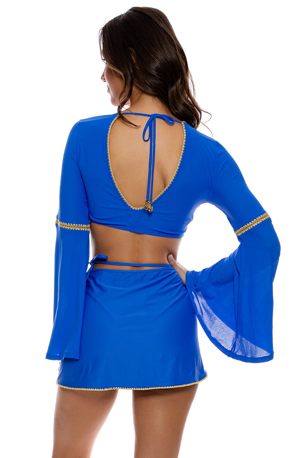 Luli Fama LULI CHIC - Bell Sleeve Crop Top & Tie Side Wrap Skirt • Electric Blue – Luli Fama