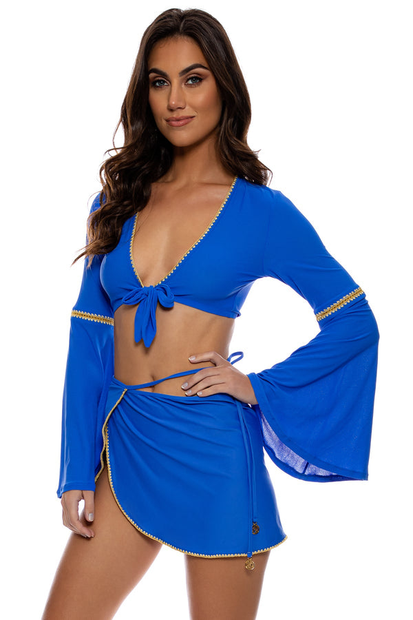 Luli Fama LULI CHIC - Bell Sleeve Crop Top & Tie Side Wrap Skirt • Electric Blue – Luli Fama