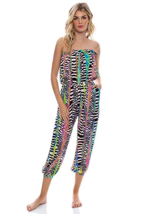 luli fama LULI DISCO - Strapless Ruffle Jogger Jumpsuit • Multicolor – Luli Fama