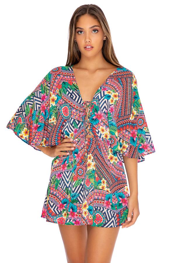 luli fama Luli Tribe - Multicolor Laced-Up Short Dress - V-Neck – Luli Fama