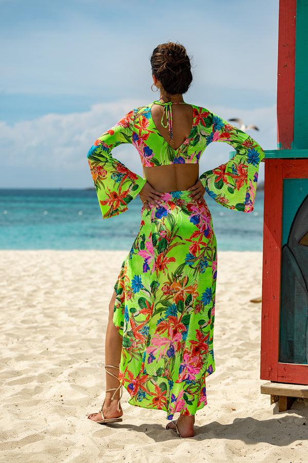 Luli Fama LULI TROPICS - Bell Sleeve Crop Top & Ruffled High-lo Slit Skirt • Mul – Luli Fama