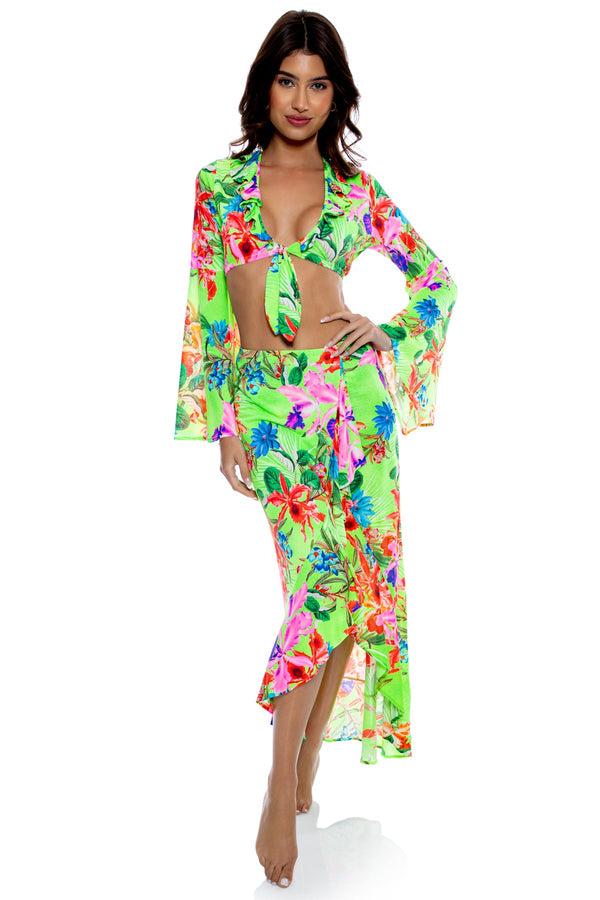 Luli Fama LULI TROPICS - Bell Sleeve Crop Top & Ruffled High-lo Slit Skirt • Mul – Luli Fama