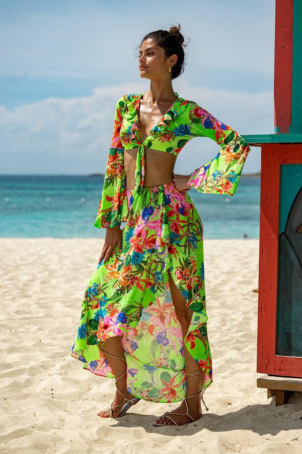 luli fama LULI TROPICS - Bell Sleeve Crop Top & Ruffled High-lo Slit Skirt • Mul – Luli Fama