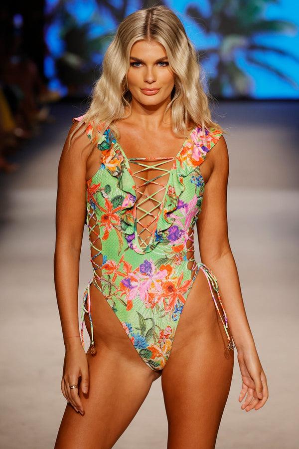 luli fama LULI TROPICS - Open Side One Piece Bodysuit • Multicolor Runway – Luli Fama