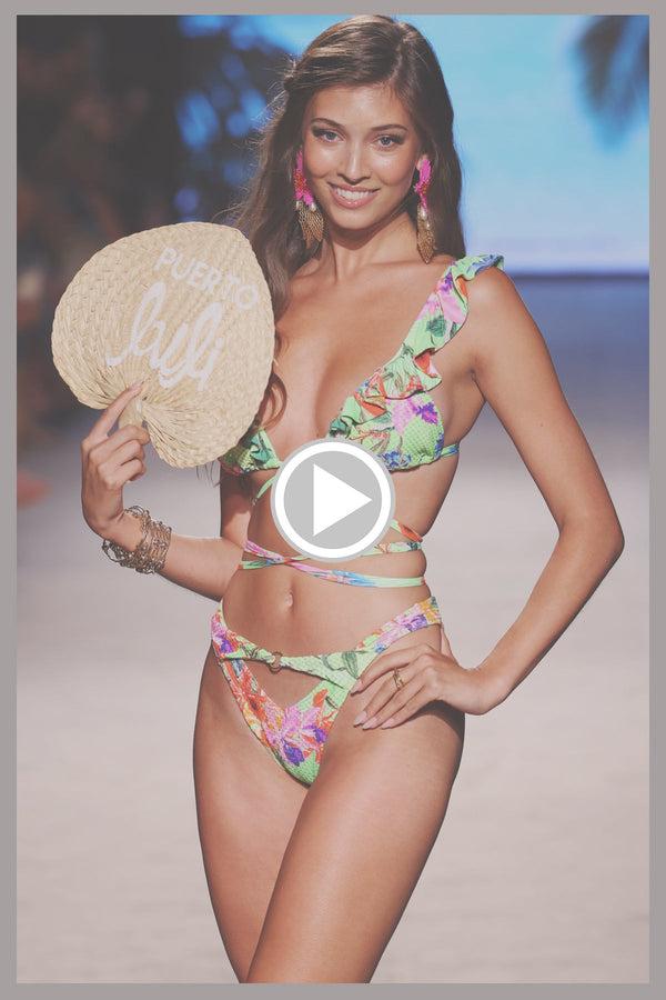 Luli Fama LULI TROPICS - Ruffle Deep V Wrap Triangle Top & High Leg Peek A Boo R – Luli Fama