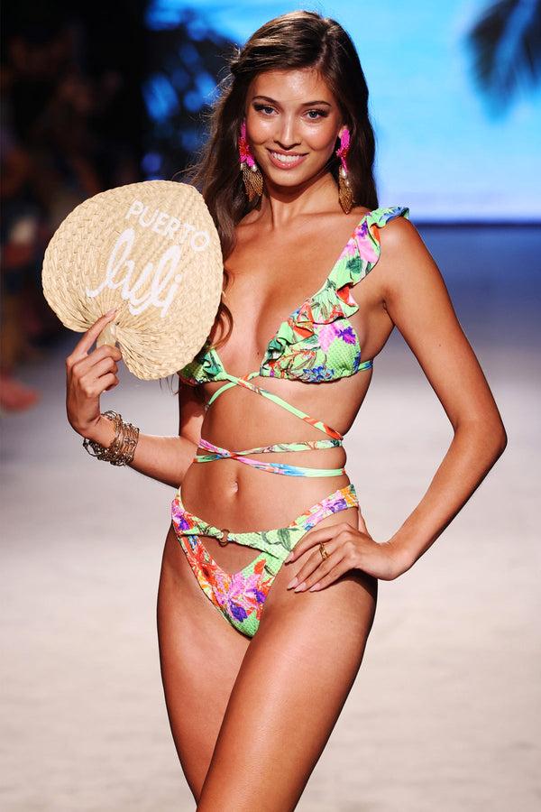 Luli Fama LULI TROPICS - Ruffle Deep V Wrap Triangle Top & High Leg Peek A Boo R – Luli Fama