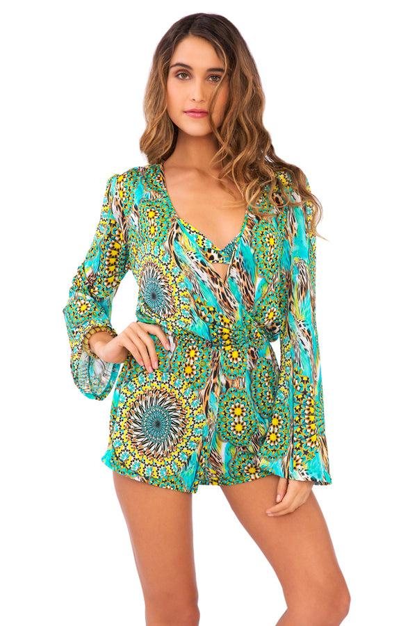 luli fama MOON PRINCESS - Wrap Front Long Sleeve Romper • Multicolor – Luli Fama