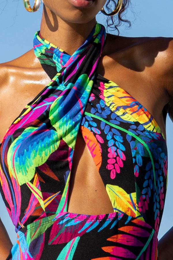 Luli Fama NEON NIGHTS - Halter Neck Cut Out Long Dress • Multicolor – Luli Fama